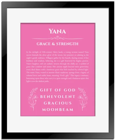 Yana name meaning gift print in pink with black matte frame