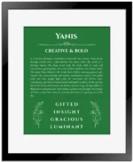 Yanis custom name print for wall display in dark green with black matte frame