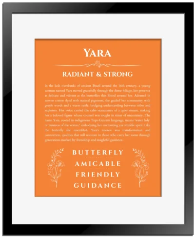 Yara name origin print with meaning and traits in orange with black matte frame