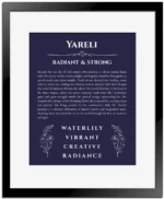 Yareli name meaning wall art by Get Your Story in navy blue with black matte frame
