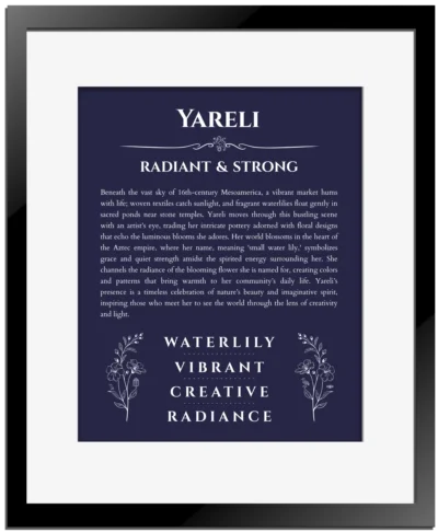 Yareli name meaning wall art by Get Your Story in navy blue with black matte frame