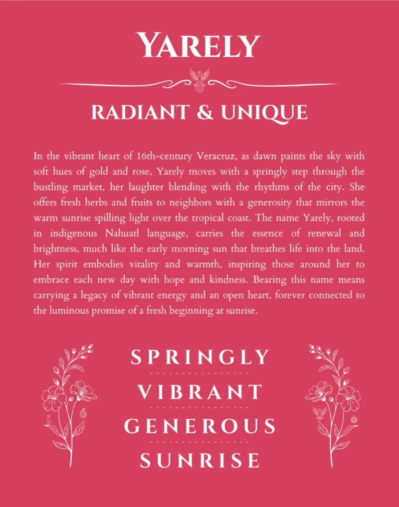 Yarely custom name art showing meaning and origin in red