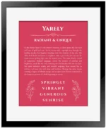 Yarely custom name art showing meaning and origin in red with black matte frame