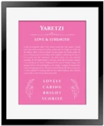 Yaretzi personalized name print with origin and traits in pink with black matte frame