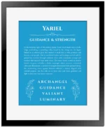 Yariel personalized name print with origin and traits in blue with black matte frame