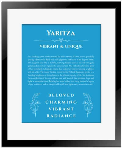 Yaritza custom name meaning print in blue with black matte frame