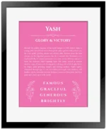 Yash name meaning wall art by Get Your Story in pink with black matte frame