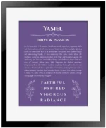 Yasiel personalized name art with origin story in purple with black matte frame