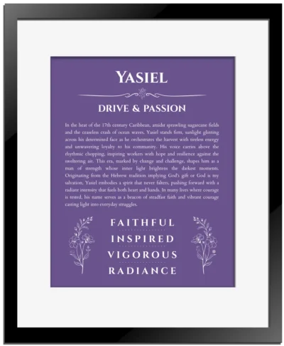 Yasiel personalized name art with origin story in purple with black matte frame