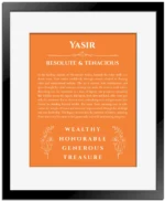 Yasir personalized name meaning print in orange with black matte frame