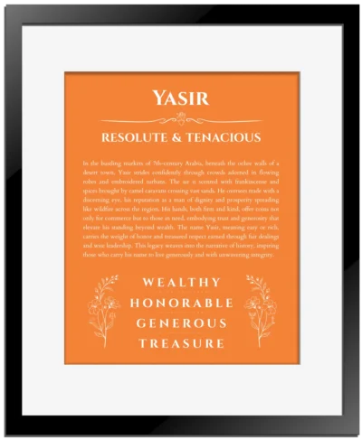 Yasir personalized name meaning print in orange with black matte frame