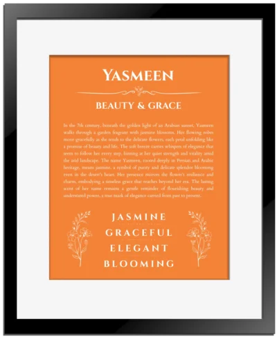 Yasmeen name meaning gift print in orange with black matte frame