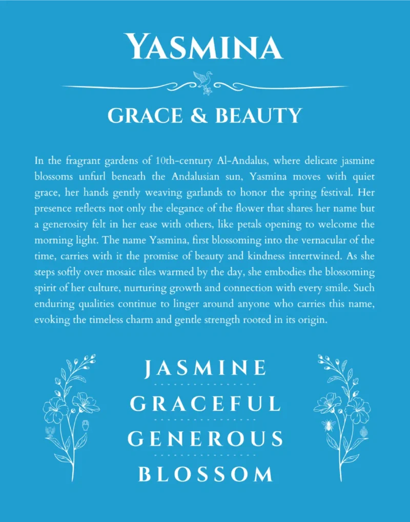 Yasmina personalized wall art with the story of your name in blue