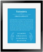Yasmina personalized wall art with the story of your name in blue with black matte frame