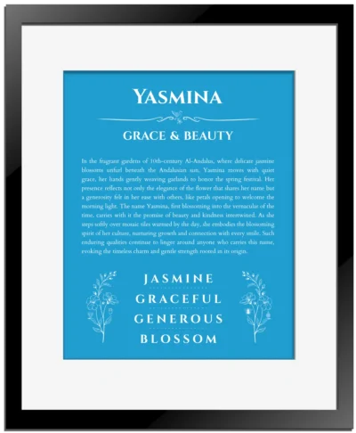 Yasmina personalized wall art with the story of your name in blue with black matte frame