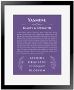 Yasmine personalized name art with origin story in purple with black matte frame