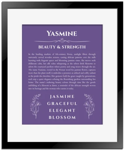 Yasmine personalized name art with origin story in purple with black matte frame