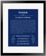 Yasser custom name print for wall display in deep blue with black matte frame