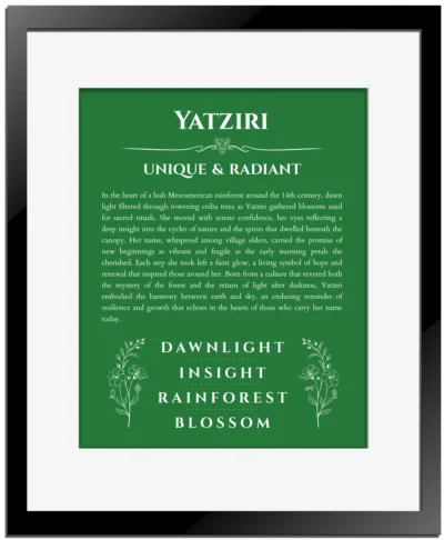 Yatziri personalized name meaning print in dark green with black matte frame