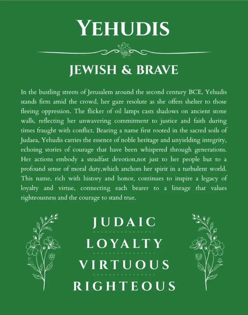 Yehudis name origin print with meaning and traits in dark green