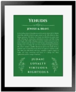 Yehudis name origin print with meaning and traits in dark green with black matte frame