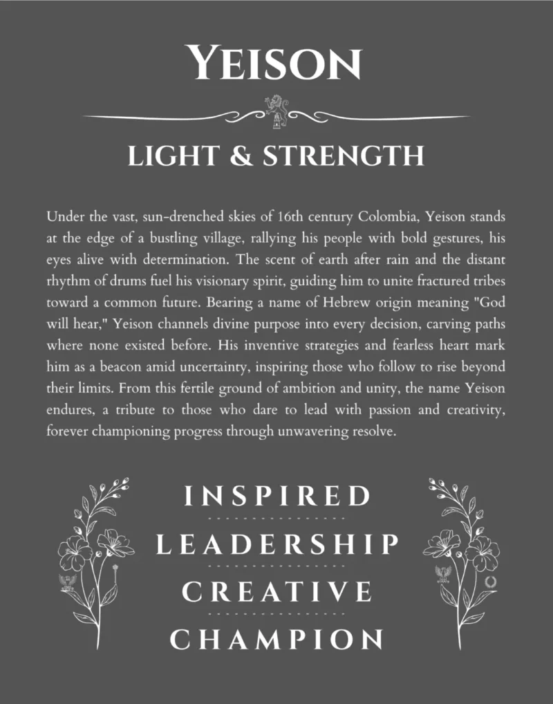 Yeison name origin print with meaning and traits in gray