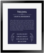 Yelena personalized name print with origin and traits in navy blue with black matte frame