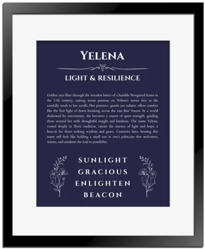 Yelena personalized name print with origin and traits in navy blue with black matte frame