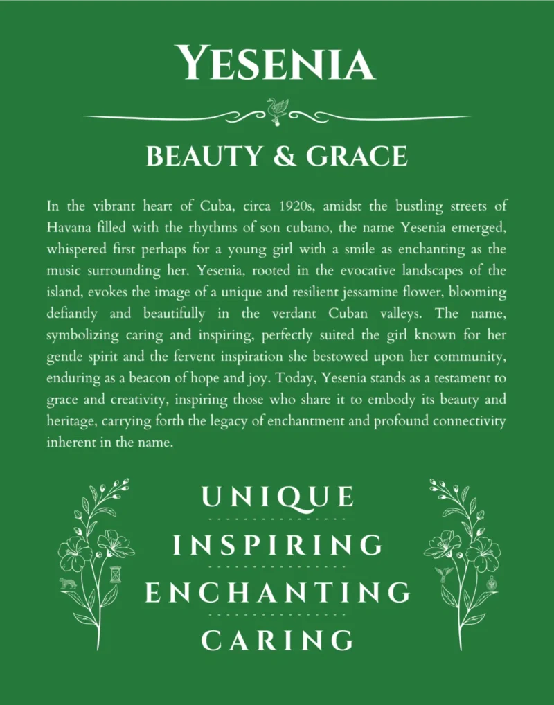 Yesenia custom name art showing meaning and origin in dark green