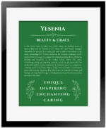 Yesenia custom name art showing meaning and origin in dark green with black matte frame