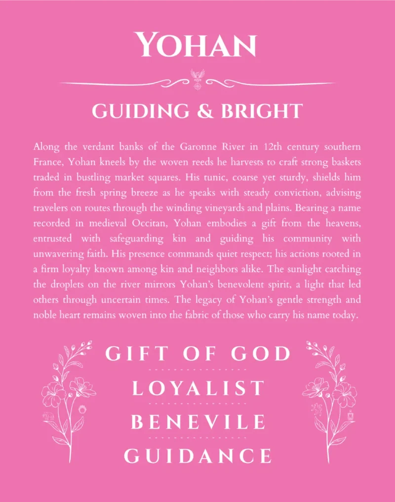Yohan name origin print with meaning and traits in pink