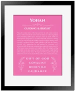 Yohan name origin print with meaning and traits in pink with black matte frame