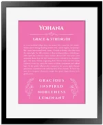 Yohana name meaning gift print in pink with black matte frame