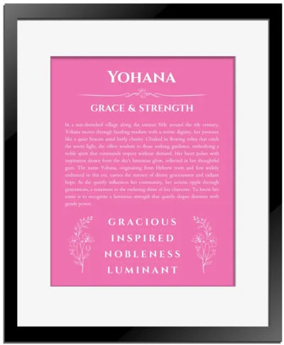 Yohana name meaning gift print in pink with black matte frame