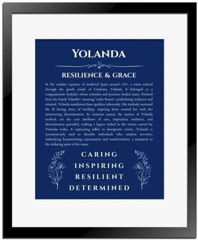 Yolanda name meaning gift print in deep blue with black matte frame