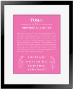 Yosef personalized wall art with the story of your name in pink with black matte frame