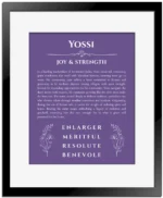 Yossi name meaning wall art by Get Your Story in purple with black matte frame