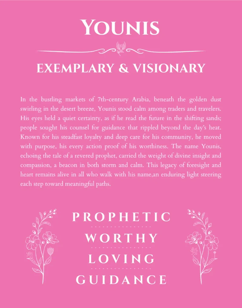 Younis personalized name print with origin and traits in pink
