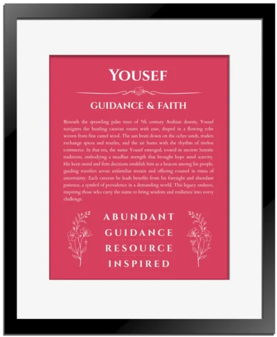 Yousef personalized name art with origin story in red with black matte frame