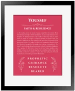 Youssef personalized name art with origin story in red with black matte frame
