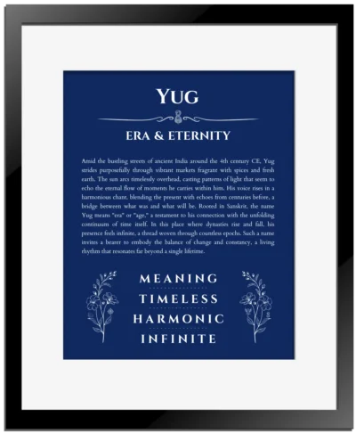 Yug name meaning gift print in deep blue with black matte frame
