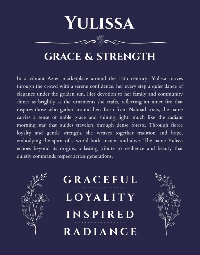 Yulissa custom name art showing meaning and origin in navy blue