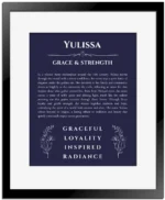 Yulissa custom name art showing meaning and origin in navy blue with black matte frame