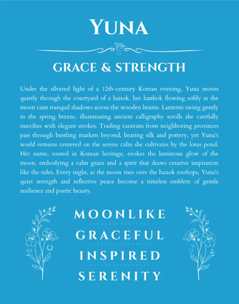Yuna personalized name print with origin and traits in blue