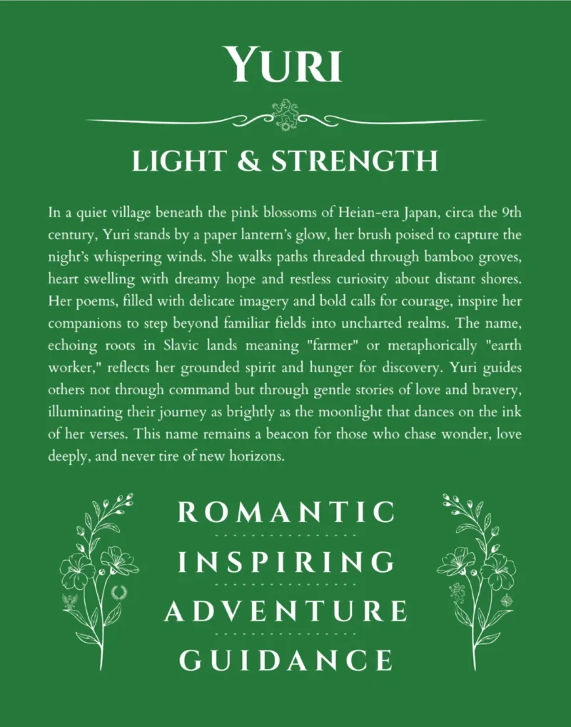 Yuri custom name art showing meaning and origin in dark green