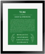 Yuri custom name art showing meaning and origin in dark green with black matte frame