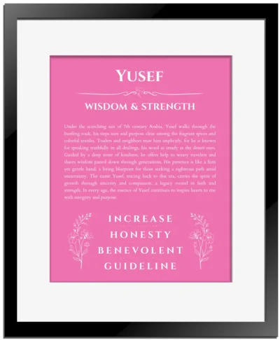 Yusef name meaning wall art by Get Your Story in pink with black matte frame