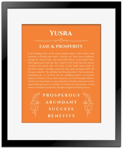 Yusra personalized name meaning print in orange with black matte frame