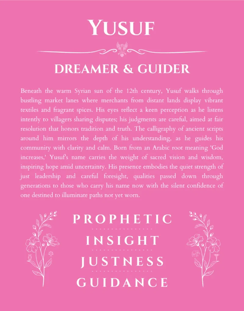 Yusuf personalized name print with origin and traits in pink