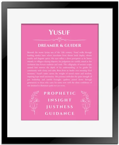 Yusuf personalized name print with origin and traits in pink with black matte frame